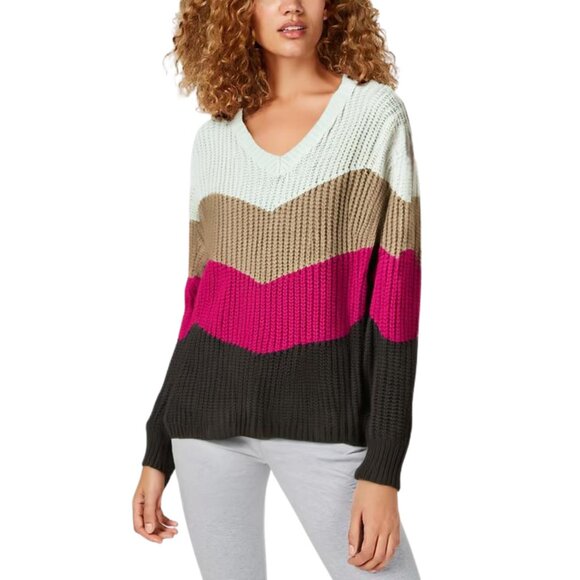 LUSH Ribbed V-neck Colorblock Chevron Sweater SMALL - Picture 2 of 7